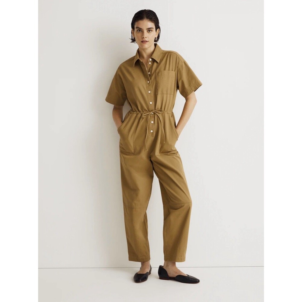 NWT $168 Madewell Tie-Waist Short-Sleeve Oversized Jumpsuit Beige Women Size 2
